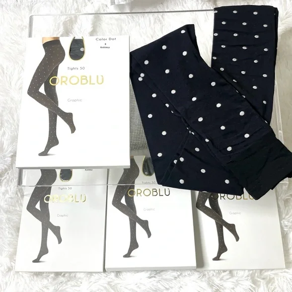 Oroblu Black Tights with White Polka Dots BRAND NEW IN ORIGINAL PACKAGING - Picture 2 of 3